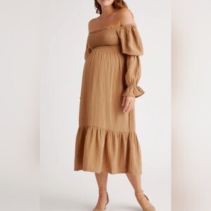 Organic Cotton Gauze Maternity Smocked Ruffle Hem Midi Dress